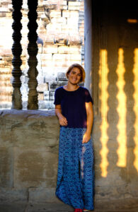 A selfie in the Angkor Wat complex in Cambodia at sunrise.