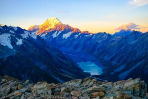 The breathtaking sunrise view of Mount Cook taken from the ridge line next to the Mueller Hut while hiking in the Mount Cook National Park, New Zealand #muellerhut #mountcooknationalpark #newzealand